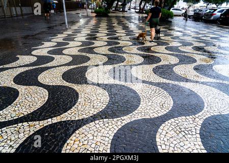 Une femme avec deux chiens sur le trottoir en forme de vague noir et blanc de la plage de Copacabana, Rio de Janeiro, Brésil. Banque D'Images