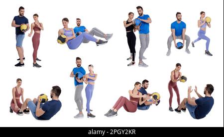 Homme et femme athlétique faisant différents exercices avec des boules de médecine sur fond blanc, collage Banque D'Images