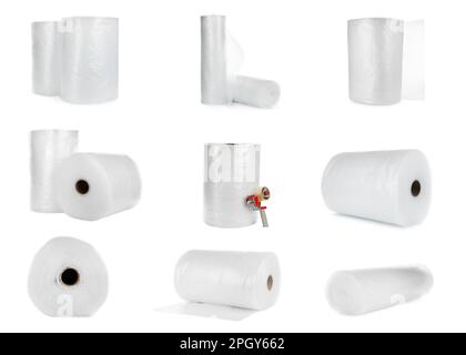 Placez les rouleaux de papier bulle transparent sur fond blanc Banque D'Images