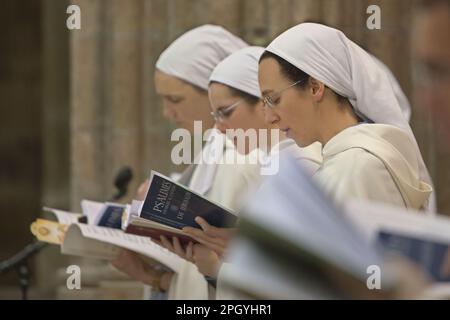 France - Normandie - Manche (50) - Mont Saint Michel - Église de l'Abbaye : dans le choeur, religieuses de la fraternité monastique de Jérusalem pendant une messe. Banque D'Images