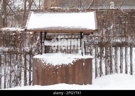 puits en bois avec de l'eau à côté d'un seau dans la neige en hiver dans les parcs en Ukraine Banque D'Images