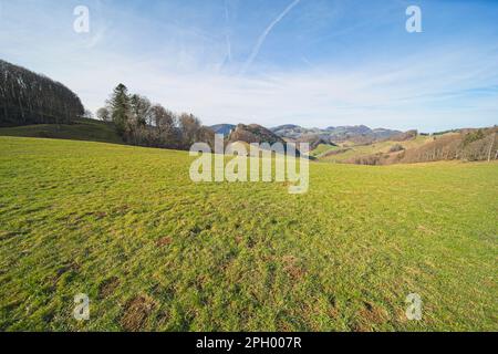 Paysage dans le jura suisse dans le canton de bâle, sur l'une des plus belles randonnées de la région entre le Belchenfund et le Lauchfund. Banque D'Images