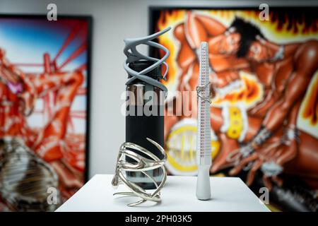 Bangkok, Thaïlande. 26th mars 2023. Une création de Burin pong est exposée dans la galerie à l'étage de I WANNA BANGKOK, une marque de mode thaïlandaise locale. 'BKK BOI' est la première exposition solo de l'artiste Burin pong, un gaymer autoqualifié de 24 ans qui s'inspire de son travail en combinant les personnes LGBTQ comme personnages dans un gameplay fantastique destiné à accroître la visibilité des personnes LGBTQIA dans les jeux vidéo. Credit: Matt Hunt/Neato/Alay Live News Banque D'Images