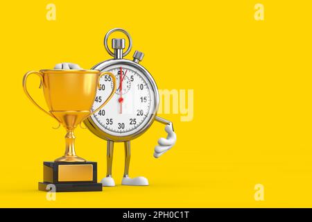 Mascotte de personnage de cartoon moderne avec Golden Award Trophy sur fond jaune. 3D rendu Banque D'Images