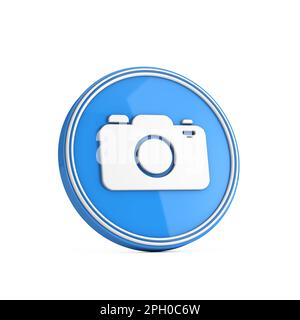 Icône d'appareil photo blanc en cercle bleu sur fond blanc. 3D rendu Banque D'Images