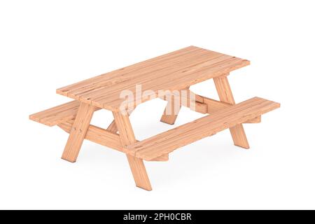Table de pique-nique en bois avec bancs sur fond blanc. 3D rendu Banque D'Images