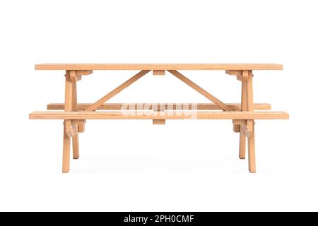 Table de pique-nique en bois avec bancs sur fond blanc. 3D rendu Banque D'Images