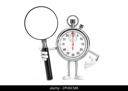 Modern Stopwatch Cartoon personnage mascotte avec loupe sur fond blanc. 3D rendu Banque D'Images