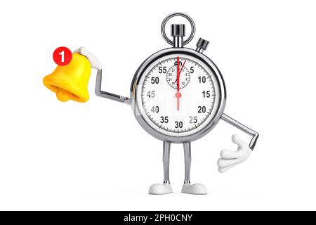 Modern Stopwatch Cartoon personnage Mascot witn Cartoon social Media notification Bell et icône Nouveau message sur fond blanc. 3D rendu Banque D'Images