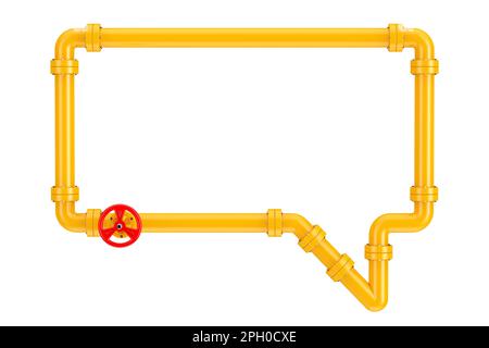 Conduite de gaz jaune avec vanne en forme de discours ou bulle de réflexion sur fond blanc. 3D rendu Banque D'Images
