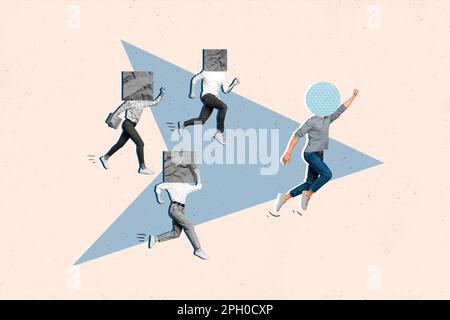 Collage conceptuel quatre travailleurs ont des chiffres géométriques à la place de la tête de l'entreprise concurrence atmosphère de la promotion de carrière Banque D'Images