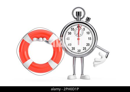 Modern Stopwatch Cartoon personnage Mascot avec la bouée de vie sur un fond blanc. 3D rendu Banque D'Images