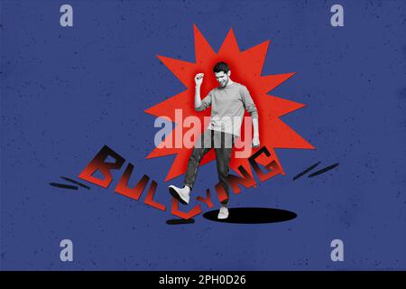 Un jeune gars qui donne un coup de pied À L'INTIMIDATION mot avec sa jambe ne s'occupe pas d'autres personnes esprit confiance en soi conceptuel collage arrêter intimidant Banque D'Images