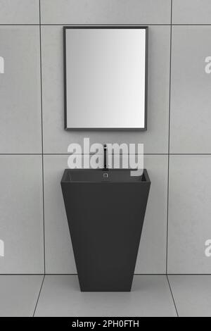 Lavabo au sol noir avec robinet à capteur et miroir dans la salle de bains, vue avant Banque D'Images