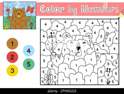 Jeu de couleurs par numéros pour enfants. Page de coloriage avec un joli ours et des fleurs Illustration de Vecteur