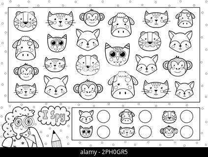 J'espionne la page de coloriage du jeu pour les enfants. Trouvez et comptez les animaux mignons Illustration de Vecteur