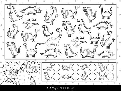 J'espionne la page de coloriage du jeu pour les enfants. Trouvez et comptez les dinosaures mignons Illustration de Vecteur