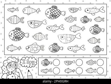 J'espionne la page de coloriage du jeu pour les enfants. Trouvez et comptez les poissons mignons Illustration de Vecteur