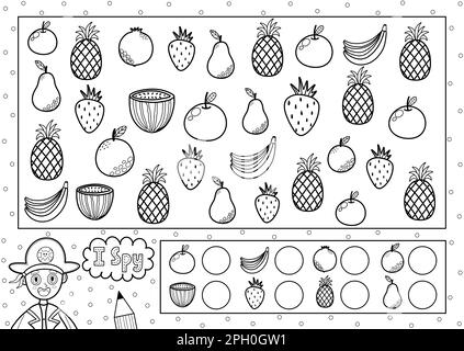 J'espionne la page de coloriage du jeu pour les enfants. Trouvez et comptez les fruits Illustration de Vecteur