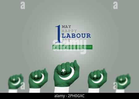 La fête du travail du Pakistan 1st MAI affiche avec les mains peintes avec le drapeau pakistanais et le fond gris, long live Pakistan Banque D'Images