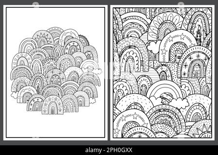 Ensemble de pages de coloriage avec des arcs-en-ciel en ooyle. Arrière-plans fantaisie pour livre de coloriage Illustration de Vecteur