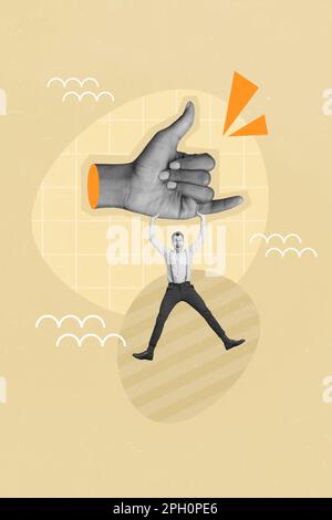Affiche-bannière créative collage d'une main énorme symbole shaka avec jeune mec branché accroché en vrac Banque D'Images