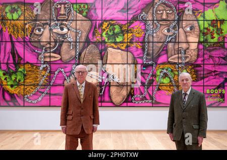 5A Heneage Street, Spitalfields, Londres, Royaume-Uni. 24th mars 2023. L'exposition inaugurale du Gilbert & George Centre est The Paradisical Pictures, exposée pour la première fois à Londres. Parallèlement à l'ouverture du Centre, White Cube dévoilera ses nouvelles images Corpsing au Mason's Yard de Londres. Image : les images Paradisiques. Banque D'Images