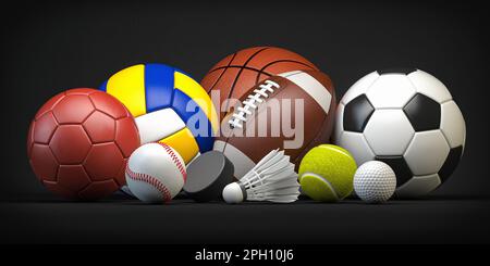 Différents ballons et équipements de sport. Football, ffotball, basket-ball, rugby et ballons de volley-ball de handball, palet de hockey et shuttlecock de badminton sur fond noir Banque D'Images