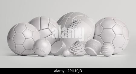 Balles et équipements de sport blancs. Football, ffotball, basket-ball, rugby de handball et ballons de volley-ball, palet de hockey et shuttlecock de badminton isolés sur Banque D'Images