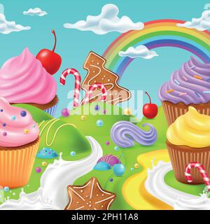 Terre de sucreries, paysage de confiserie. 3d gâteau au chocolat fantaisie, rivière en cupcake, boulangerie de rêve. Maffin et biscuits mignons, bonbons savoureux. 3d éléments isolés. Fond de jeu de dessin animé vectoriel Illustration de Vecteur