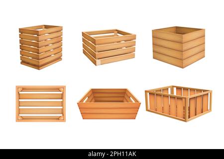 Caisse en bois réaliste. Caisse de nourriture. Panier en bois. Palette et tiroir. Ouvrez le bac à légumes 3D pour l'exportation ou la livraison. Ancien conteneur de jardin. Emballage d'expédition. Ensemble de kits de stockage carrés isolés vectoriels Illustration de Vecteur
