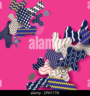 Ornements graphiques abstraits, textures de décor. Taches colorées et éléments d'art, motifs liquides modernes. Formes en pointillés et en couleurs vives. Affiche géométrique ou bannière minimale. Fond vectoriel froid Illustration de Vecteur