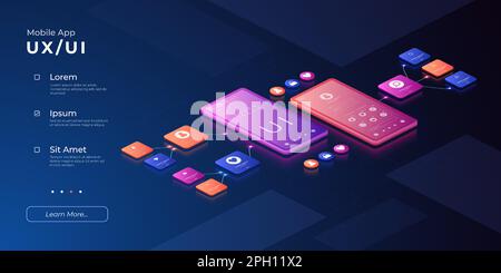 Conception UI UX. Prototype mobile. 3D interface d'expérience utilisateur. Technologie numérique. Gestion des applications pour smartphone. Appareils électroniques. Contrôle des applications du téléphone. Accès au compte. Modèle de bannière Web Vector Illustration de Vecteur