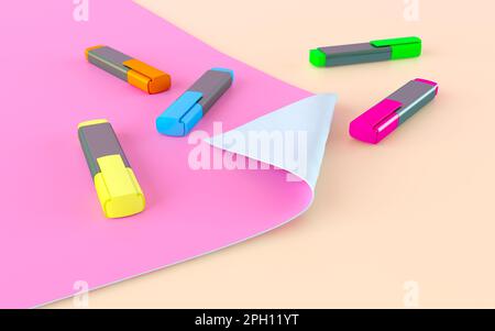 Les séparateurs de texte de couleur se trouvent sur du carton rose avec un coin incurvé. Couleurs pastel, espace de copie. Composition de la papeterie, fournitures scolaires et de bureau Banque D'Images