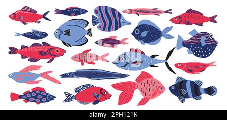Poisson de mer Doodle, motifs mignons. Animaux marins ou marins, aquarium sous-marin d'été, tissus aquatiques colorés. Éléments isolés dessinés à la main pour la décoration. Bleu et rouge. Illustration de dessin animé vectoriel Illustration de Vecteur
