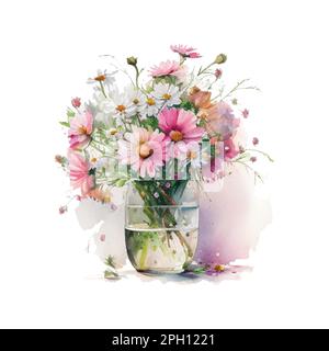 Bouqet aquarelle avec fleurs blanches et roses sauvages dans un vase. Collection de fleurs, feuilles, branches magenta. Créez des cartes de vœux, des invitations Illustration de Vecteur