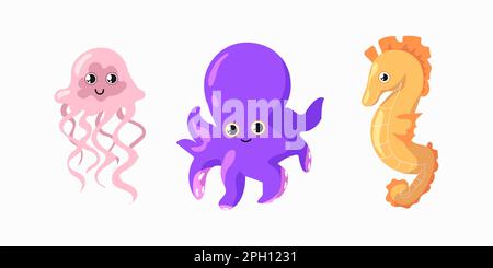 Animaux marins. Pieuvre mignonne, méduse drôle et hippocampe. Animaux marins ou de l'océan pour la pépinière puérile et la décoration de tissus. Aquarium sous-marin tropical d'été, dessin animé vectoriel plat illustration isolée Illustration de Vecteur