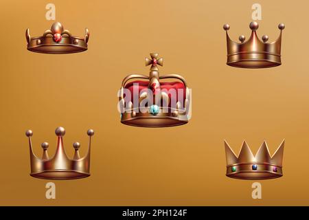 collection couronne 3d, joyau doré. Symboles roi ou reine, coiffures de prince ou princesse avec pierres précieuses rouges, adresse or réaliste. Tiaras de luxe ou diadèmes impériaux vecteur ensemble héraldique isolé Illustration de Vecteur