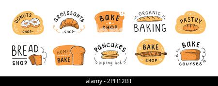 Logotype de lettrage de boulangerie, tampon de farine de bagel. Étiquettes, signes et symboles de la lettre du pain, logo croissants, logo pâtisserie et pâtisserie maison, étiquette cupcake et baguette. Jeu d'illustrations vectorielles isolées Illustration de Vecteur