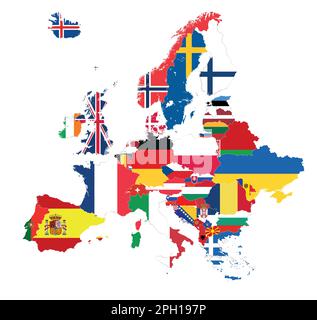 Carte de l'Europe avec drapeaux des pays à l'intérieur. Tous les éléments sont séparés en couches amovibles et modifiables. Illustration vectorielle Illustration de Vecteur