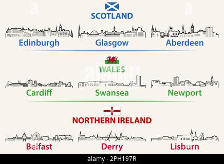 Les villes d'Écosse, du pays de Galles et d'Irlande du Nord présentent un ensemble de vecteurs de skylines Illustration de Vecteur