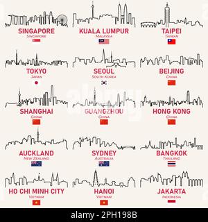 Les villes d'Asie et d'Océanie définissent un ensemble de vecteurs de lignes aériennes Illustration de Vecteur