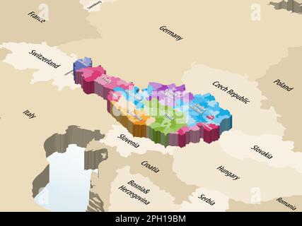 Autriche districts colorés par régions carte isométrique avec les pays voisins Illustration de Vecteur