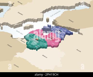 Régions statistiques de l'Estonie, régions statistiques de la Lettonie et comtés de Lituanie carte isométrique colorée avec les pays voisins Illustration de Vecteur