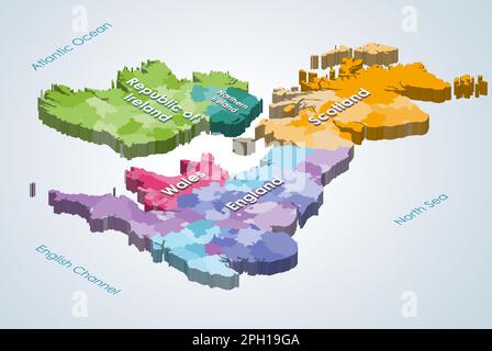 Carte des îles britanniques 3D (isométrique) colorée par pays et subdivisions Illustration de Vecteur