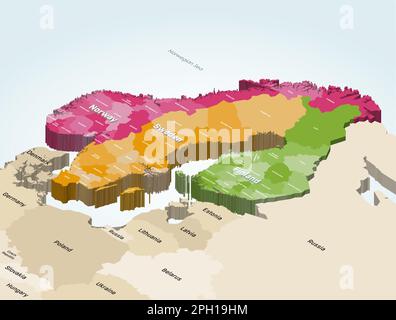 Régions de Finlande, provinces de Suède et régions de Norvège carte vectorielle isométrique colorée avec les pays voisins en arrière-plan Illustration de Vecteur