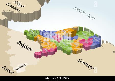 Carte isométrique des municipalités des pays-Bas avec les pays voisins Illustration de Vecteur