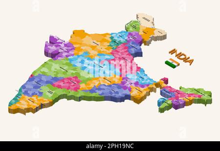 Etats de l'Inde 3D (isométrique) carte vectorielle colorée avec capitales et drapeau de l'Inde Illustration de Vecteur