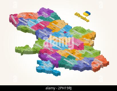 Ukraine carte vectorielle isolée isométrique colorée par divisions administratives (oblasts et raions) avec inscriptions des districts et des capitales Illustration de Vecteur