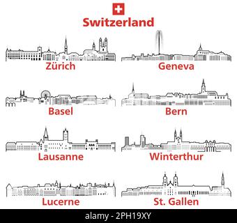 Suisse villes contour skylines vecteur set Illustration de Vecteur